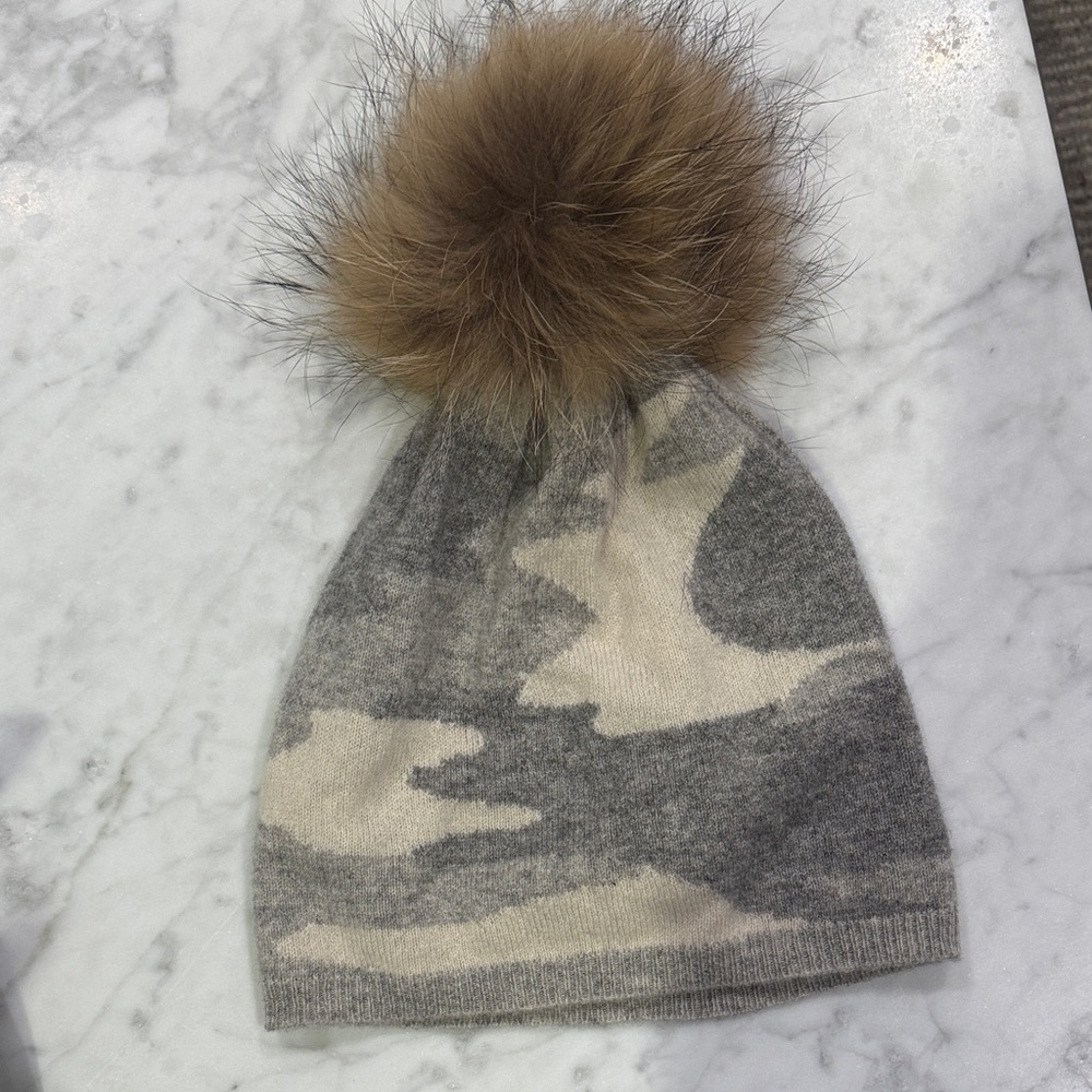 Brodie Cashmere Gray and Cream Camo Hat with Brown Pom